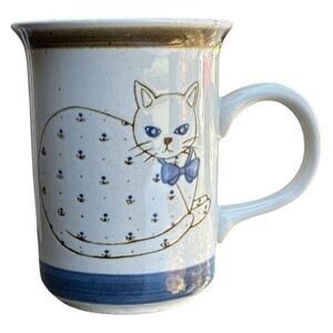 Vintage Otagiri blue & brown “quilted cat” double sided folk art stoneware mug